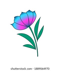 vector flower on a stem with leaves. Blue pink flower with gradient