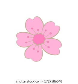 Vector flower on a white background. Delicate pink flower with 5 petals with a pink center. Forget-me-not with gold stroke. Meadow grass with heart-shaped petals, without a stem. Fairytale flower.