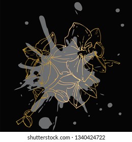 Vector flower of orchid. Golden Ink illustration on black background.