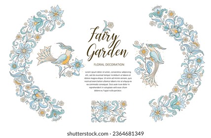 Vector flower ornaments, floral half-round frame, birds, vignettes, border, card design template. Elements in Eastern style. Floral borders, flower illustration. Isolated ethnic ornament. 