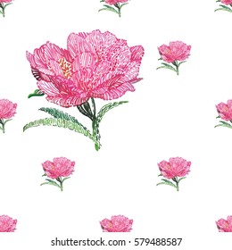 Vector flower patch embroidery in watercolor style. Vintage peony flowers on white wallpaper background. Beautiful floral seamless pattern.