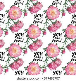 Vector flower patch embroidery in watercolor style. Vintage peony bouquet and quote inscription: you are loved elements on white wallpaper background. Beautiful floral seamless pattern.
