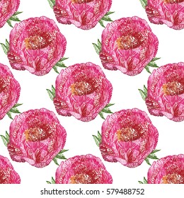 Vector flower patch embroidery in watercolor style. Vintage peony flowers on white wallpaper background. Beautiful floral seamless pattern.