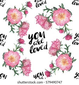 Vector flower patch embroidery in watercolor style. Vintage peony bouquet and quote inscription: you are loved elements on white wallpaper background. Beautiful floral seamless pattern.