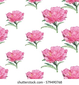 Vector flower patch embroidery in watercolor style. Vintage peony flowers on white wallpaper background. Beautiful floral seamless pattern.