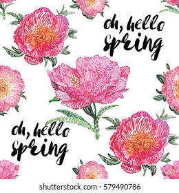Vector flower patch embroidery in watercolor style. Peony and rose bouquets and quote inscription: oh hello spring. Vintage elements on white wallpaper background. Beautiful floral seamless pattern.