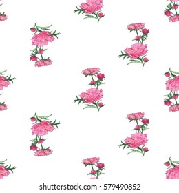 Vector flower patch embroidery in watercolor style. Vintage floral bouquet with peony and rose on white wallpaper background. Beautiful floral seamless pattern.