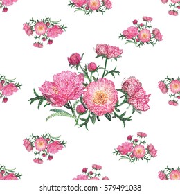 Vector flower patch embroidery in watercolor style. Beautiful flowers composition on white wallpaper background. Floral seamless pattern.