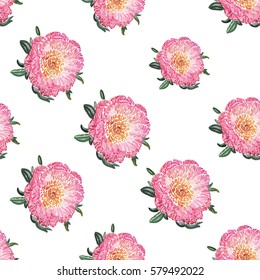 Vector flower patch embroidery in watercolor style. Vintage rose flowers on white wallpaper background. Beautiful floral seamless pattern.