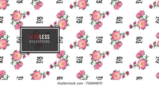 Vector flower patch embroidery in watercolor style. Vintage peony bouquet and quote inscription: you are loved elements on white wallpaper background. Beautiful floral seamless pattern.