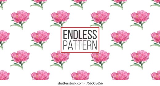 Vector flower patch embroidery in watercolor style. Vintage peony flowers on white wallpaper background. Beautiful floral seamless pattern.