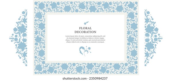 Vector flower pattern, A4 page size square frame, corner vignettes, border, card design template. Elements in Eastern style. Floral borders, flower silhouette illustration. Ethnic isolated ornaments. 