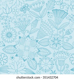 Vector flower pattern. Black and white seamless botanic texture, detailed flowers illustrations. All elements are not cropped and hidden under mask. Doodle style, spring floral background.