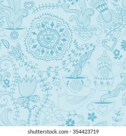 Vector flower pattern. Black and white seamless botanic texture, detailed flowers illustrations. All elements are not cropped and hidden under mask. Doodle style, spring floral background.