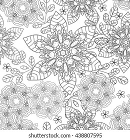 Vector flower pattern. Black and white seamless botanic texture, detailed flowers illustrations.  Doodle style, spring floral background.