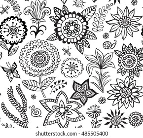 Vector flower pattern. Black and white seamless botanic texture, detailed flowers illustrations.  Spring floral background.