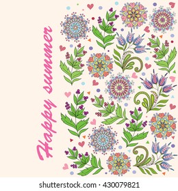 Vector flower pattern. Botanic texture, detailed flowers illustrations. Doodle hand drawn style, folk gentle floral background