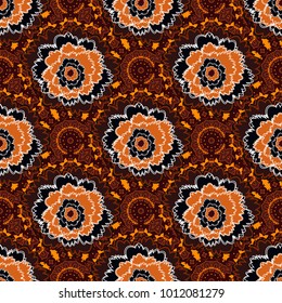 Vector flower pattern. Colorful seamless botanic pattern, detailed flowers illustrations in brown, orange and black colors. Doodle style, spring floral background.
