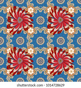 Vector flower pattern. Colorful seamless botanic pattern, detailed flowers illustrations in blue, yellow and red colors. Doodle style, spring floral background.