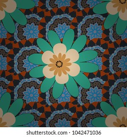 Vector flower pattern. Colorful seamless botanic pattern, detailed flowers illustrations in blue, gray and green colors. Doodle style, spring floral background.