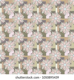 Vector flower pattern. Colorful seamless botanic pattern, detailed flowers illustrations in pink, beige and gray colors. Doodle style, spring floral background.