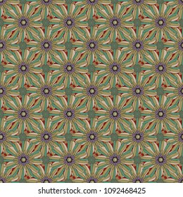 Vector flower pattern. Colorful seamless botanic pattern, detailed flowers illustrations in green, yellow and beige colors. Doodle style, spring floral background.