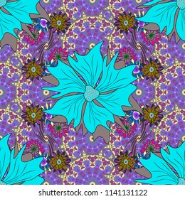 Vector flower pattern. Colorful seamless botanic pattern, detailed flowers illustrations in violet, purple and blue colors. Doodle style, spring floral background.