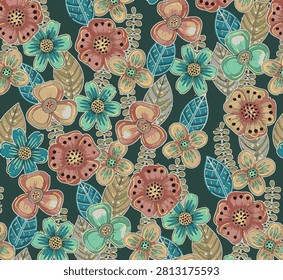 Vector flower pattern. Colorful seamless botanic texture, detailed flowers illustrations. Doodle style, spring floral background.