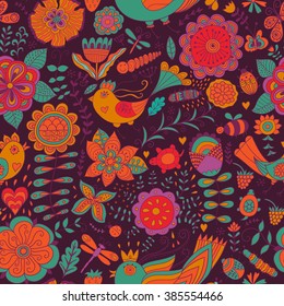 Vector flower pattern. Colorful seamless botanic texture, detailed flowers illustrations. All elements are not cropped and hidden under mask. Doodle style, spring floral background.