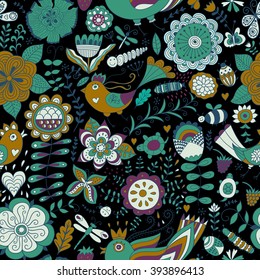 Vector flower pattern. Colorful seamless botanic texture, detailed flowers illustrations. All elements are not cropped and hidden under mask. Doodle style, spring floral background.