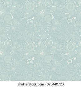 Vector flower pattern. Colorful seamless botanic texture, detailed flowers illustrations. All elements are not cropped and hidden under mask. Doodle style, spring floral background.