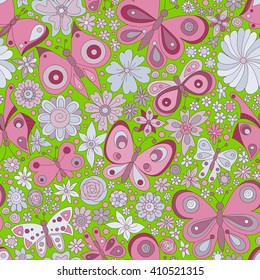 Vector flower pattern. Colorful seamless botanic texture, detailed flowers illustrations. Doodle style, spring floral background.