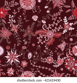 Vector flower pattern. Colorful seamless botanic texture, detailed flowers illustrations. Doodle style, spring floral background.
