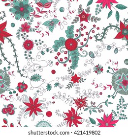 Vector flower pattern. Colorful seamless botanic texture, detailed flowers illustrations. Doodle style, spring floral background.