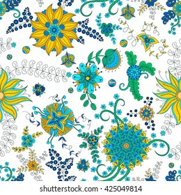 Vector flower pattern. Colorful seamless botanic texture, detailed flowers illustrations. Doodle style, spring floral background.
