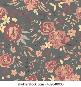 Vector flower pattern. Colorful seamless botanic texture, detailed flowers illustrations. Doodle style, spring floral background.