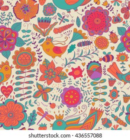 Vector flower pattern. Colorful seamless botanic texture, detailed flowers illustrations. All elements are not cropped and hidden under mask. Doodle style, spring floral background.