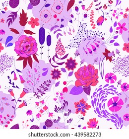 Vector flower pattern. Colorful seamless botanic texture, detailed flowers illustrations. Doodle style, spring floral background.