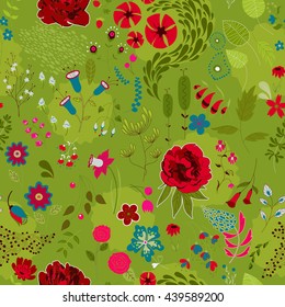 Vector flower pattern. Colorful seamless botanic texture, detailed flowers illustrations. Doodle style, spring floral background.