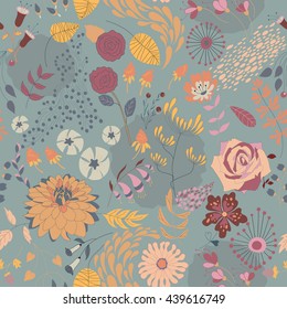 Vector flower pattern. Colorful seamless botanic texture, detailed flowers illustrations. Doodle style, spring floral background.