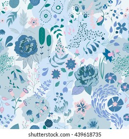 Vector flower pattern. Colorful seamless botanic texture, detailed flowers illustrations. Doodle style, spring floral background.