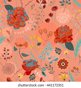Vector flower pattern. Colorful seamless botanic texture, detailed flowers illustrations. Doodle style, spring floral background.