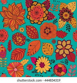 Vector flower pattern. Colorful seamless botanic texture, detailed flowers illustrations. All elements are not cropped and hidden under mask. Doodle style, spring floral background