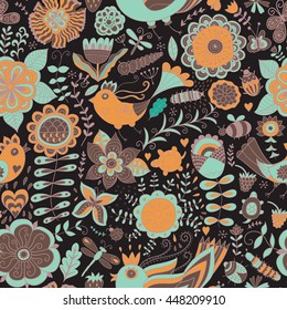 Vector flower pattern. Colorful seamless botanic texture, detailed flowers illustrations. All elements are not cropped and hidden under mask. Doodle style, spring floral background.