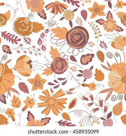 Vector flower pattern. Colorful seamless botanic texture, detailed flowers illustrations. Doodle style, spring floral background.