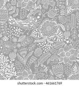 Vector flower pattern. Colorful seamless botanic texture, detailed flowers illustrations. All elements are not cropped and hidden under mask. Doodle style, spring floral background