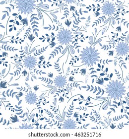 Vector flower pattern. Colorful seamless botanic texture, detailed flowers illustrations. Doodle style, summer floral background.