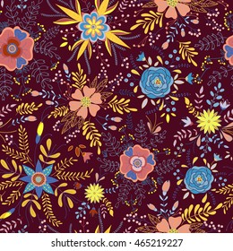 Vector flower pattern. Colorful seamless botanic texture, detailed flowers illustrations. Doodle style, abstract floral background.