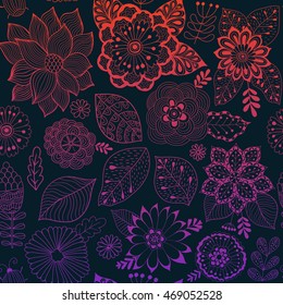 Vector flower pattern. Colorful seamless botanic texture, detailed flowers illustrations. All elements are not cropped and hidden under mask. Doodle style, spring floral background