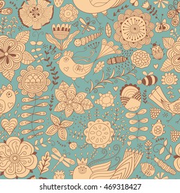 Patrón de flores de Vector. Textura botánica inconsútil colorida, ilustraciones detalladas de las flores. Todos los Elementos no están recortados y ocultos bajo la máscara. Estilo Doodle, fondo floral de primavera.